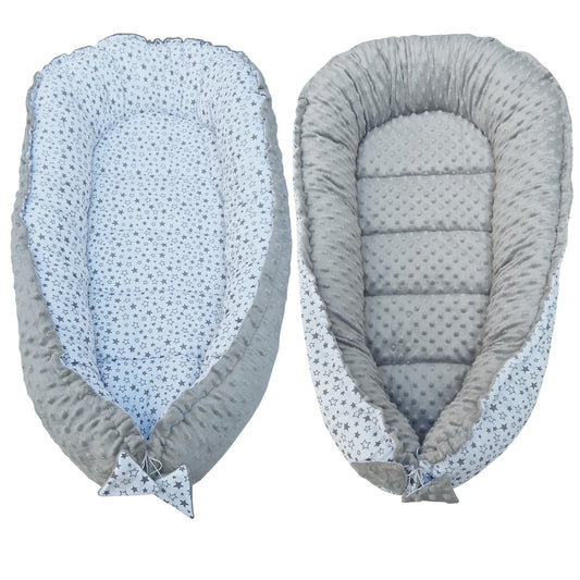 LEANBE Babynest Kokon aus Baumwolle & Minky - Grau Minky / Sterne