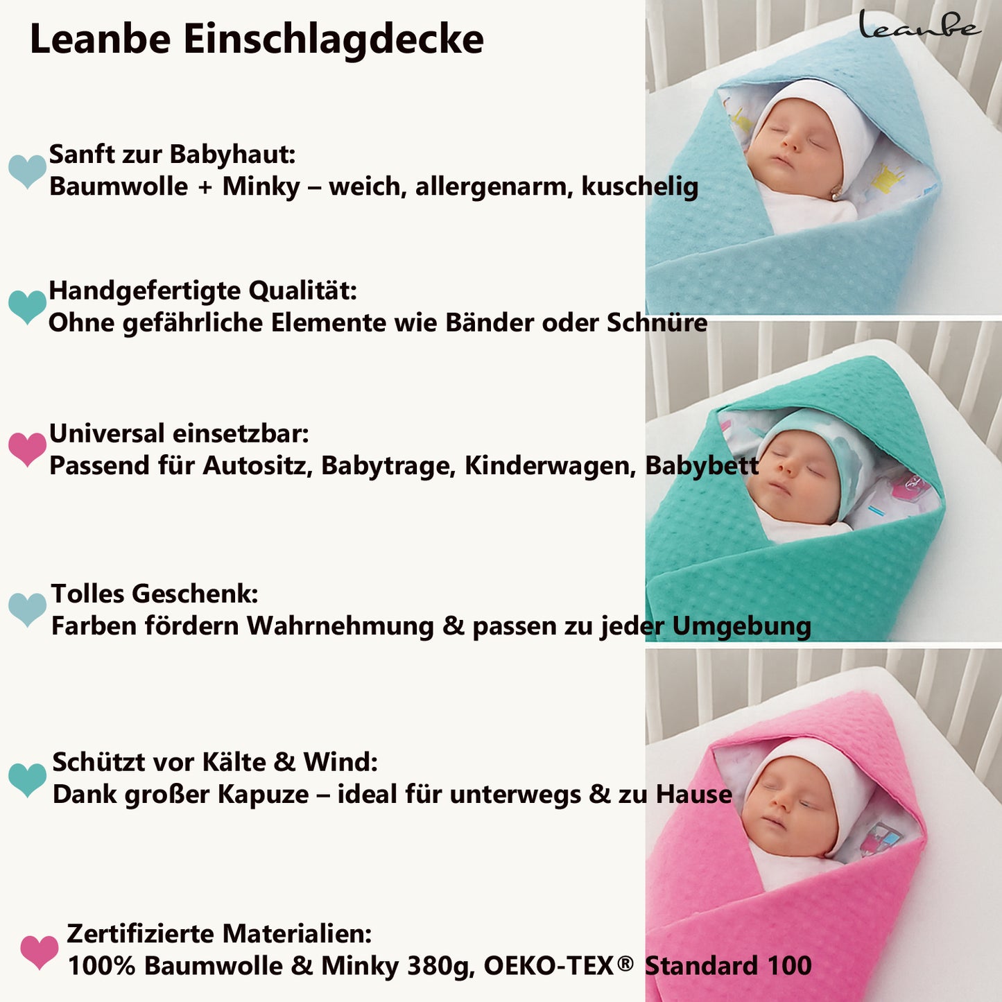 LEANBE Einschlagdecke Babydecke für Babyschale und Kinderwagen 86x86 cm – Baumwolle & Minky Grau / Störche