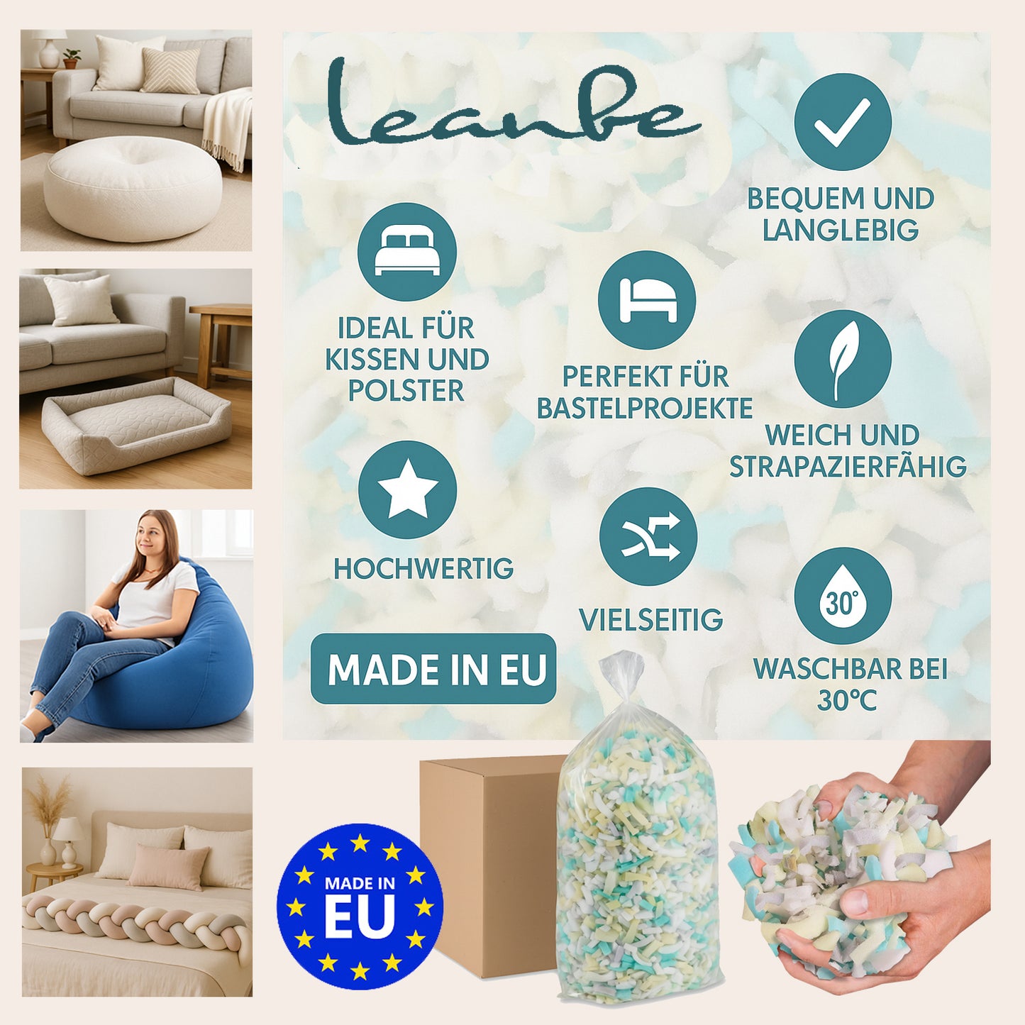 LEANBE Schaumstoffflocken – Füllmaterial für Kissen, Sitzsäcke und Polster - Volumenstabile Kissenfüllung für DIY & Heimtextilien