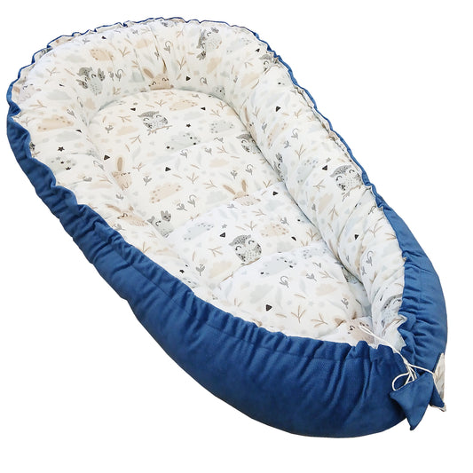 LEANBE Babynest Kokon aus Baumwolle & Velours - Blau