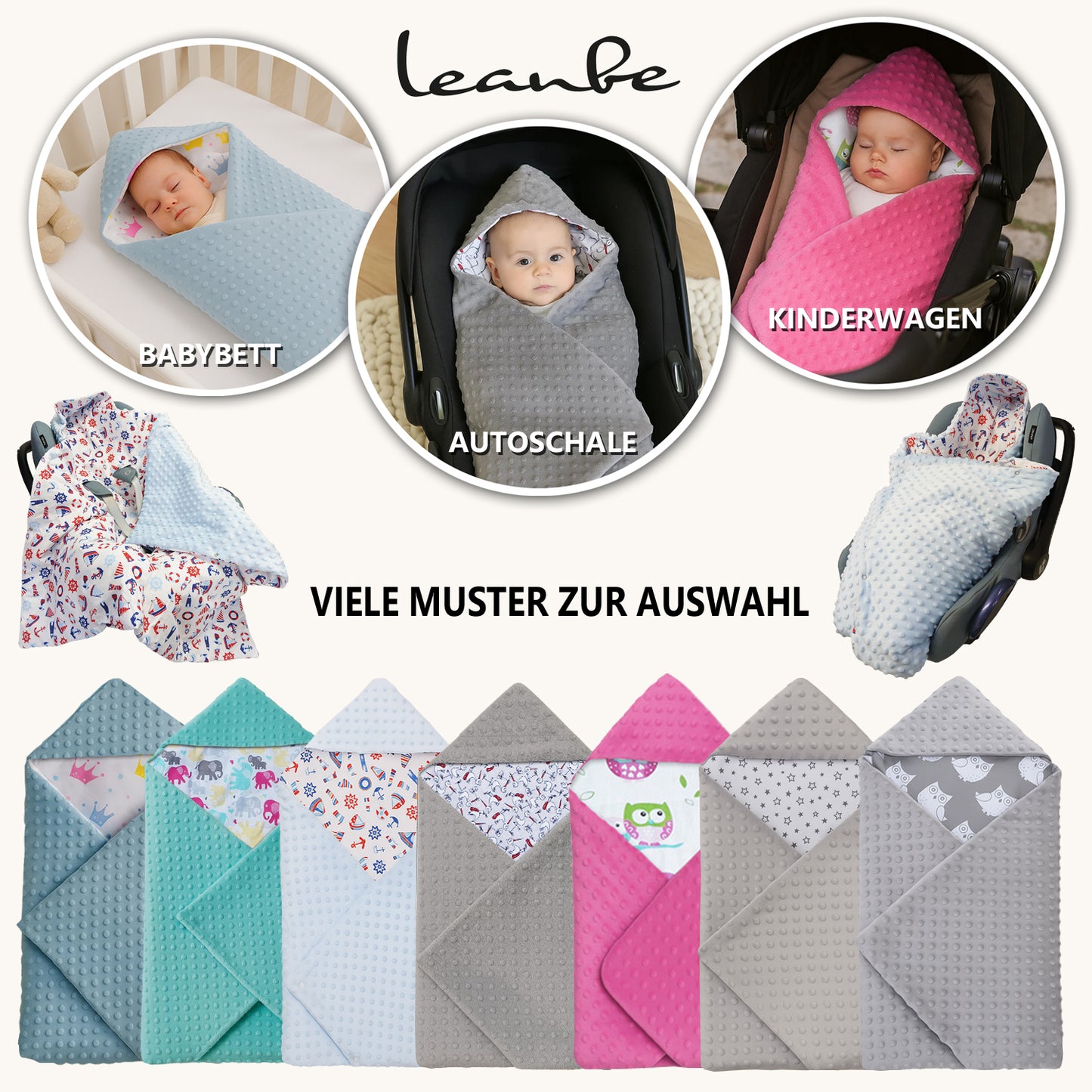 Einschlagdecke Babydecke 86x86 cm – Baumwolle & Minky Tükis / Elefanten