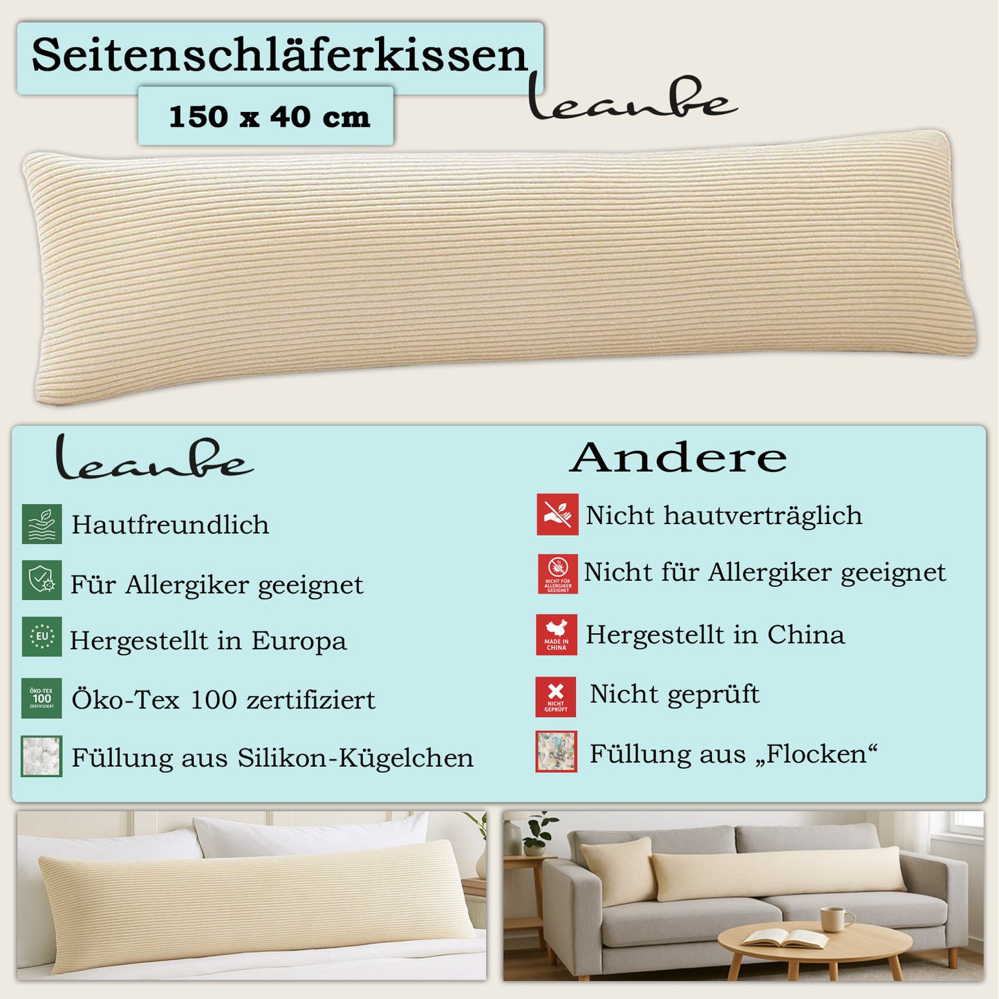 LEANBE Seitenschläferkissen 150 x 40 cm Cord – Großes Dekokissen für Komfort und stilvolle Einrichtung