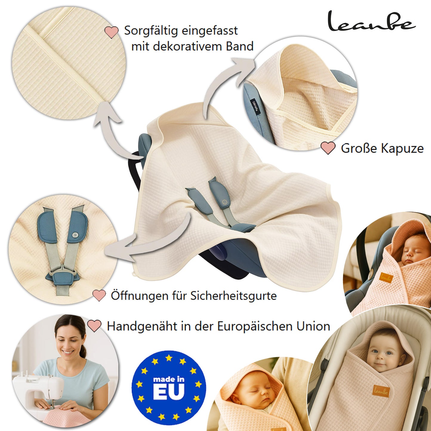 LEANBE Einschlagdecke aus Waffelstoff für den Sommer 100% - Baumwolle Creme
