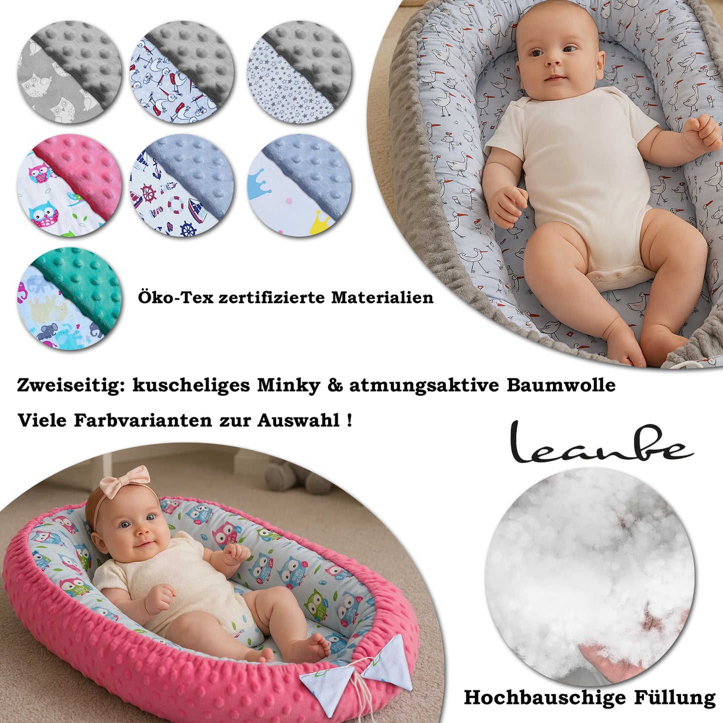 Babynest Kokon aus Baumwolle & Minky - Blau Minky / Bunte Kronen