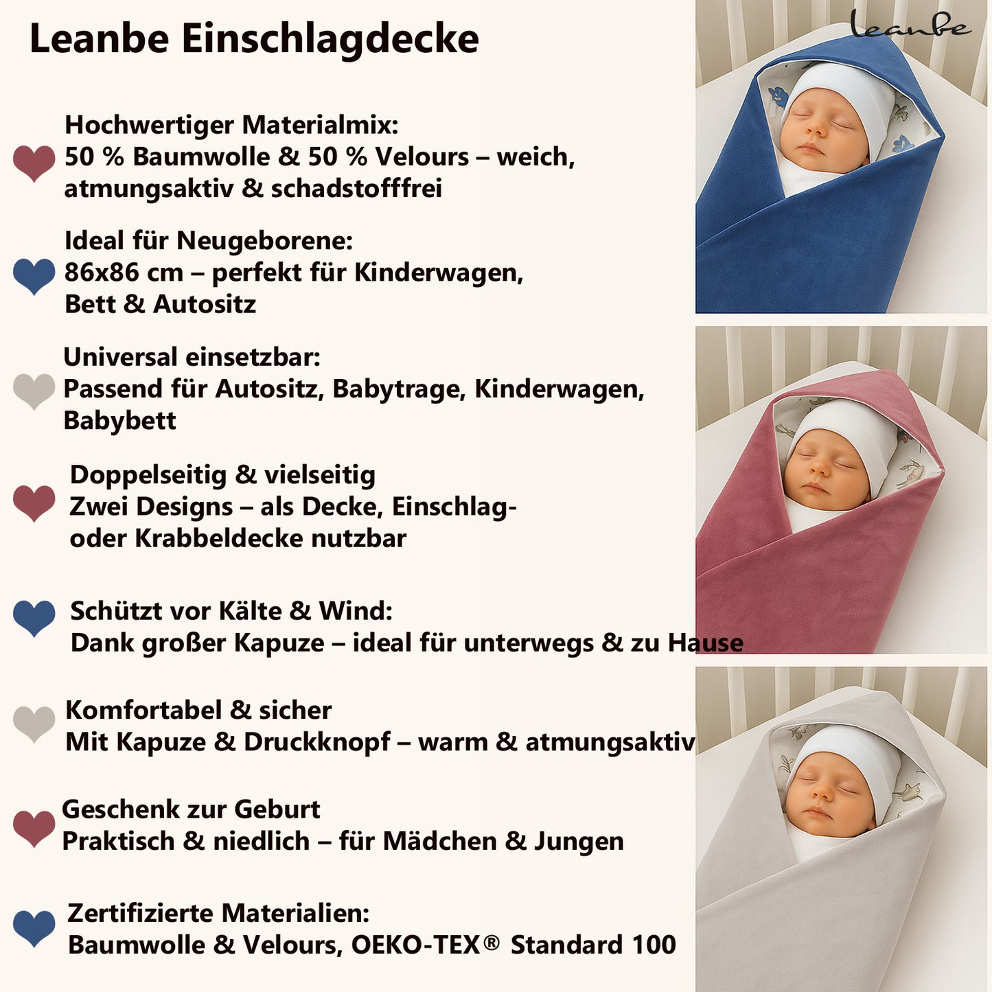 LEANBE Einschlagdecke Babydecke für Babyschale und Kinderwagen 86x86 cm – Baumwolle & Velours Grau