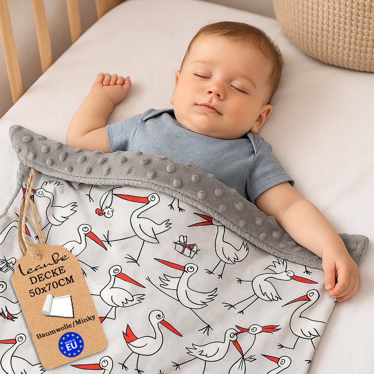 LEANBE Babydecke 50x70cm doppelseitig Minky/Baumwolle Grau Minky - Störche