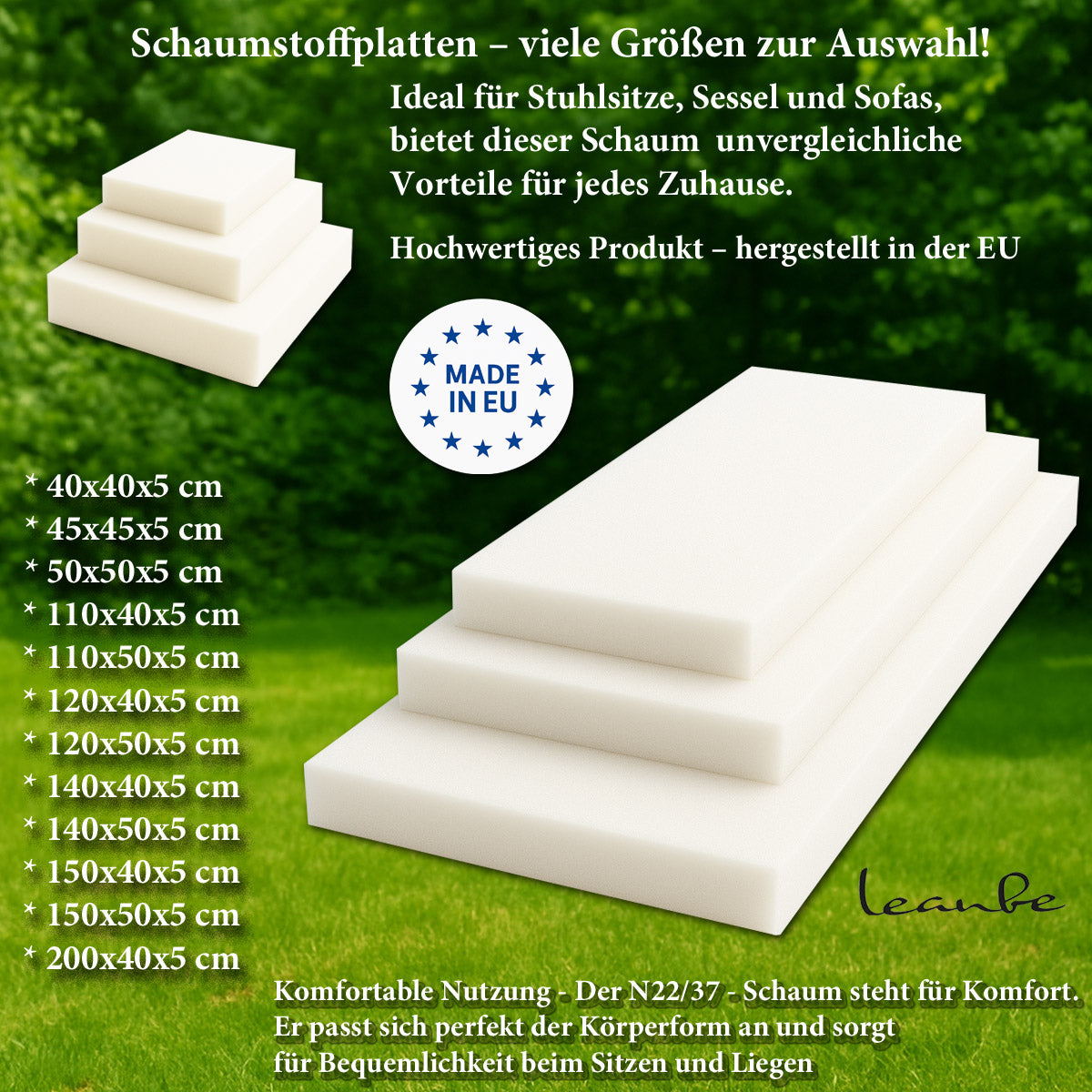 LEANBE Schaumstoffplatte – Hochwertiger Schaumstoff für vielseitige Anwendungen - 45 x 45 x 5 cm
