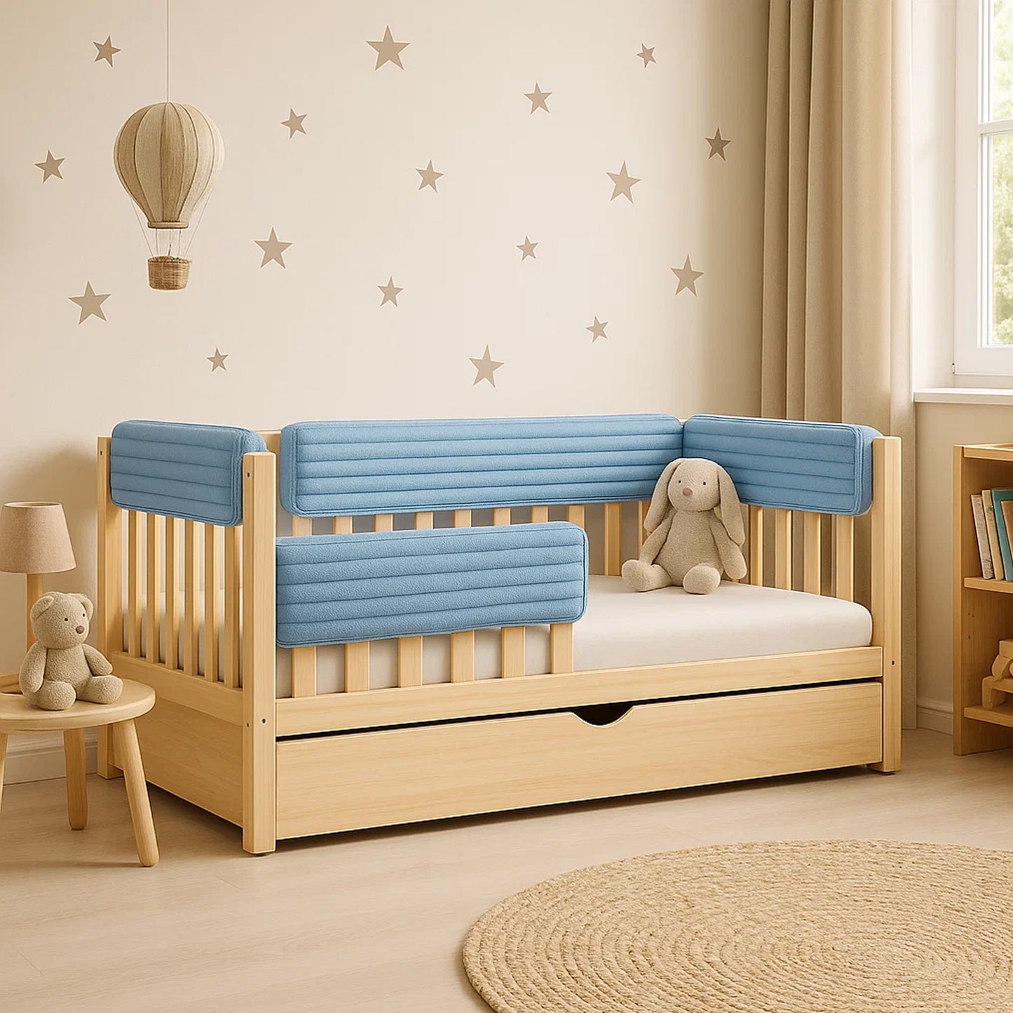 Bettkantenschutz für Babybett – Blau Cord