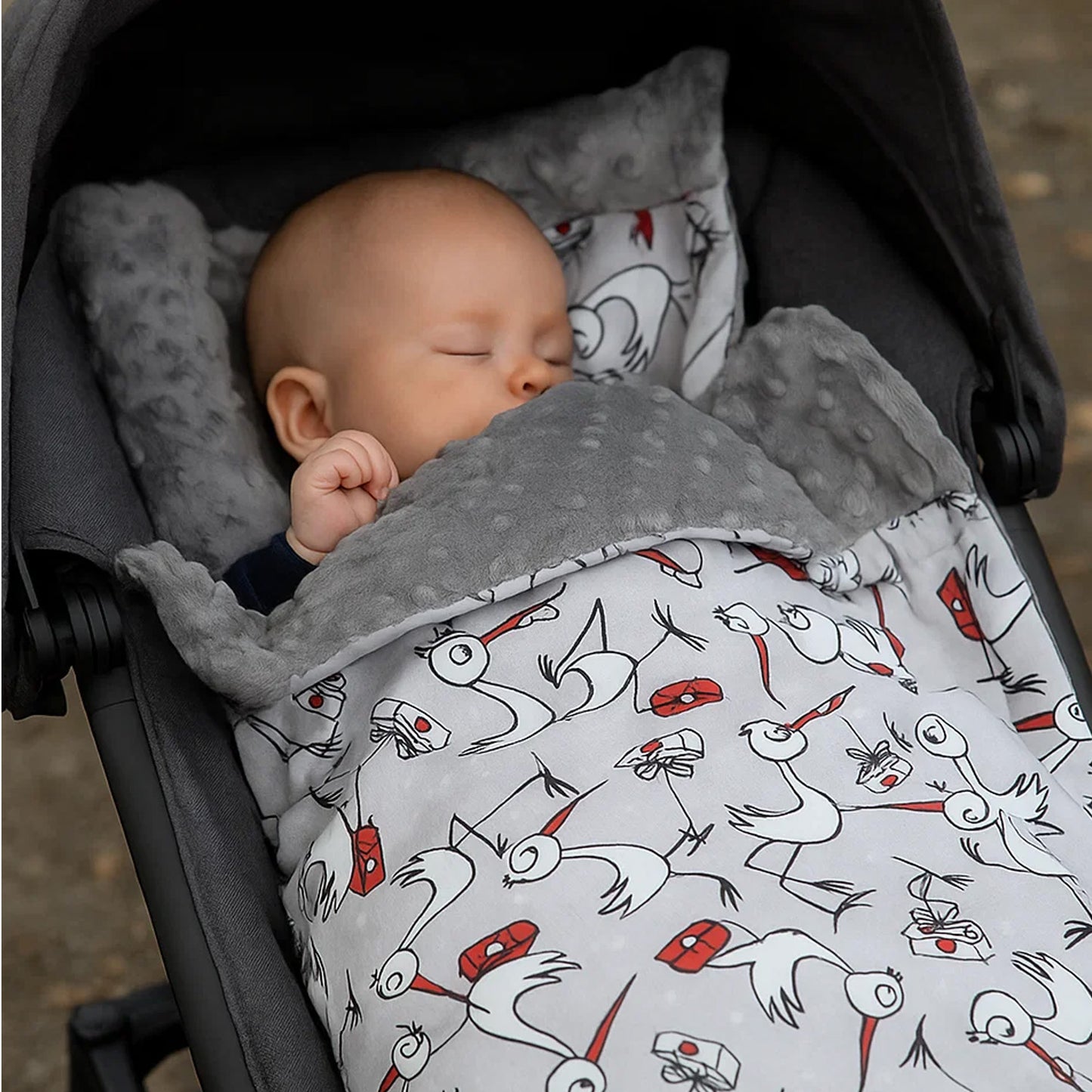 Babydecke 50x70cm doppelseitig Minky/Baumwolle Grau Minky-Störche