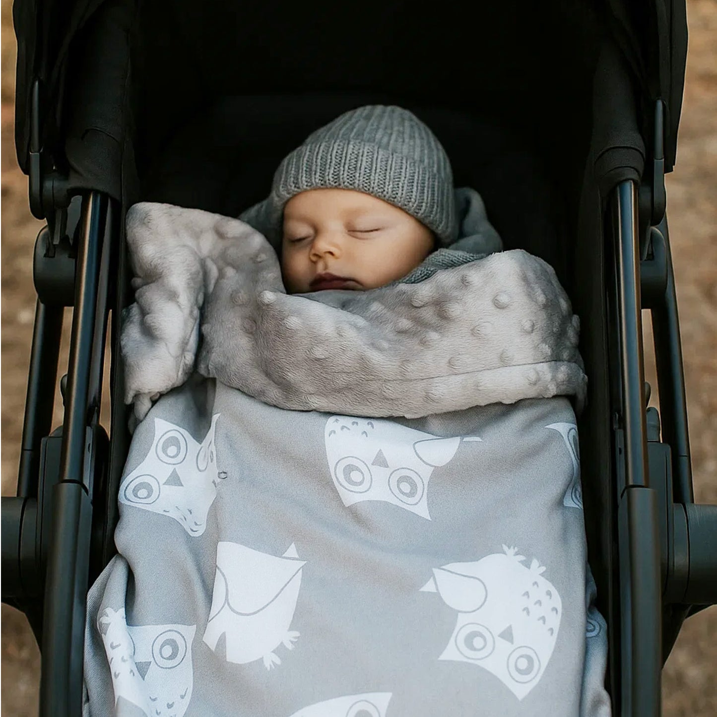 Babydecke 50x70cm doppelseiti Minky/Baumwolle Grau Minky-Eulen