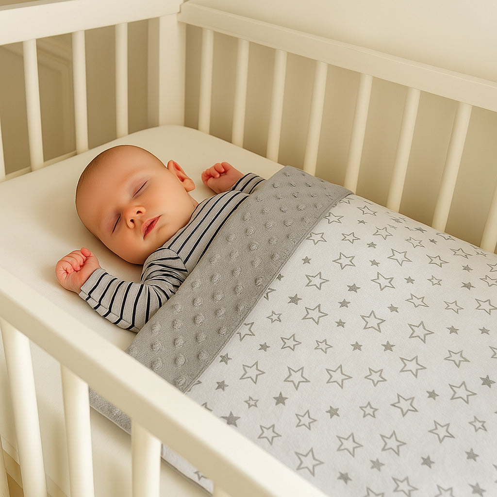 Babydecke 50x70cm doppelseitig Minky/Baumwolle Grau Minky-Sterne