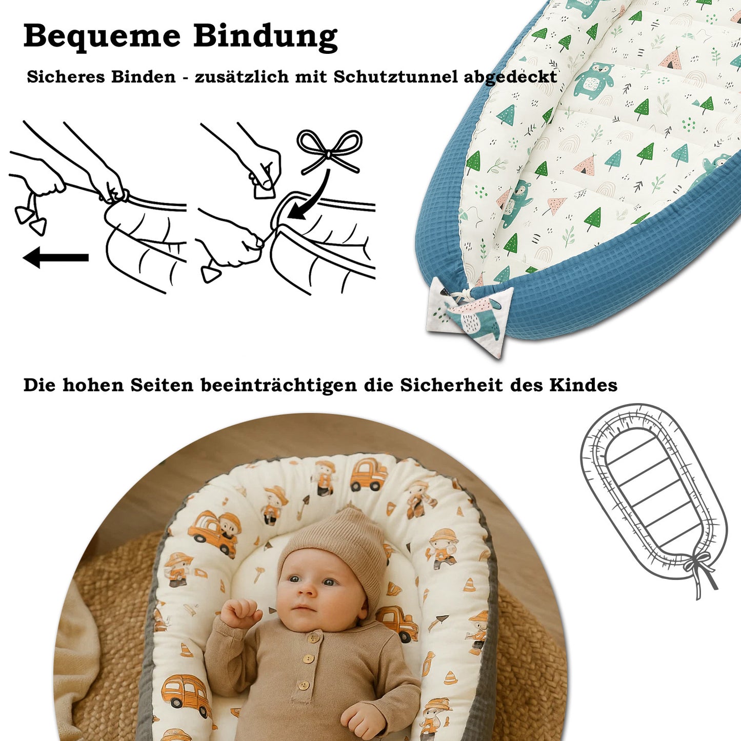 Babynest Kokon aus Baumwolle & Waffelstoff - Grau