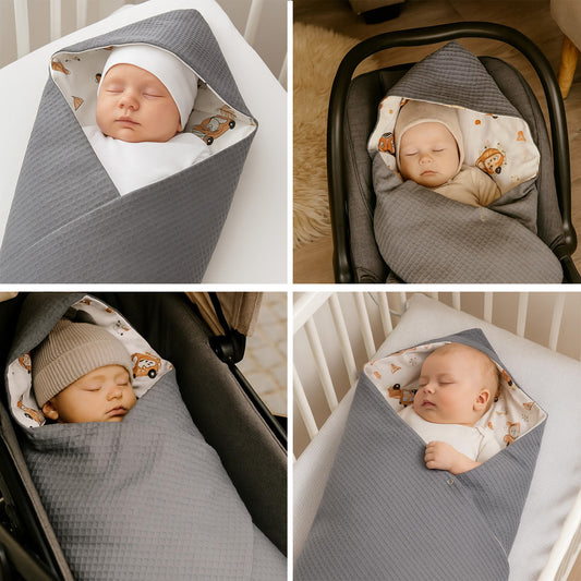 LEANBE Einschlagdecke Babydecke für Babyschale und Kinderwagen 86x86 cm – Baumwolle & Waffelstoff Grau