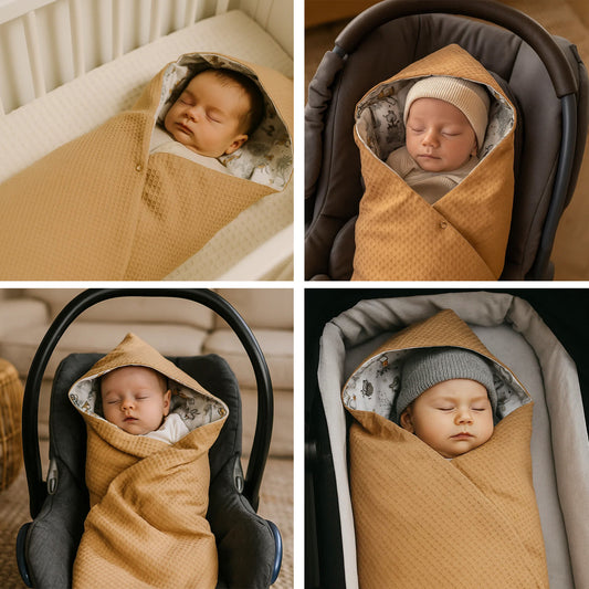LEANBE Einschlagdecke Babydecke für Babyschale und Kinderwagen 86x86 cm – Baumwolle & Waffelstoff Beige