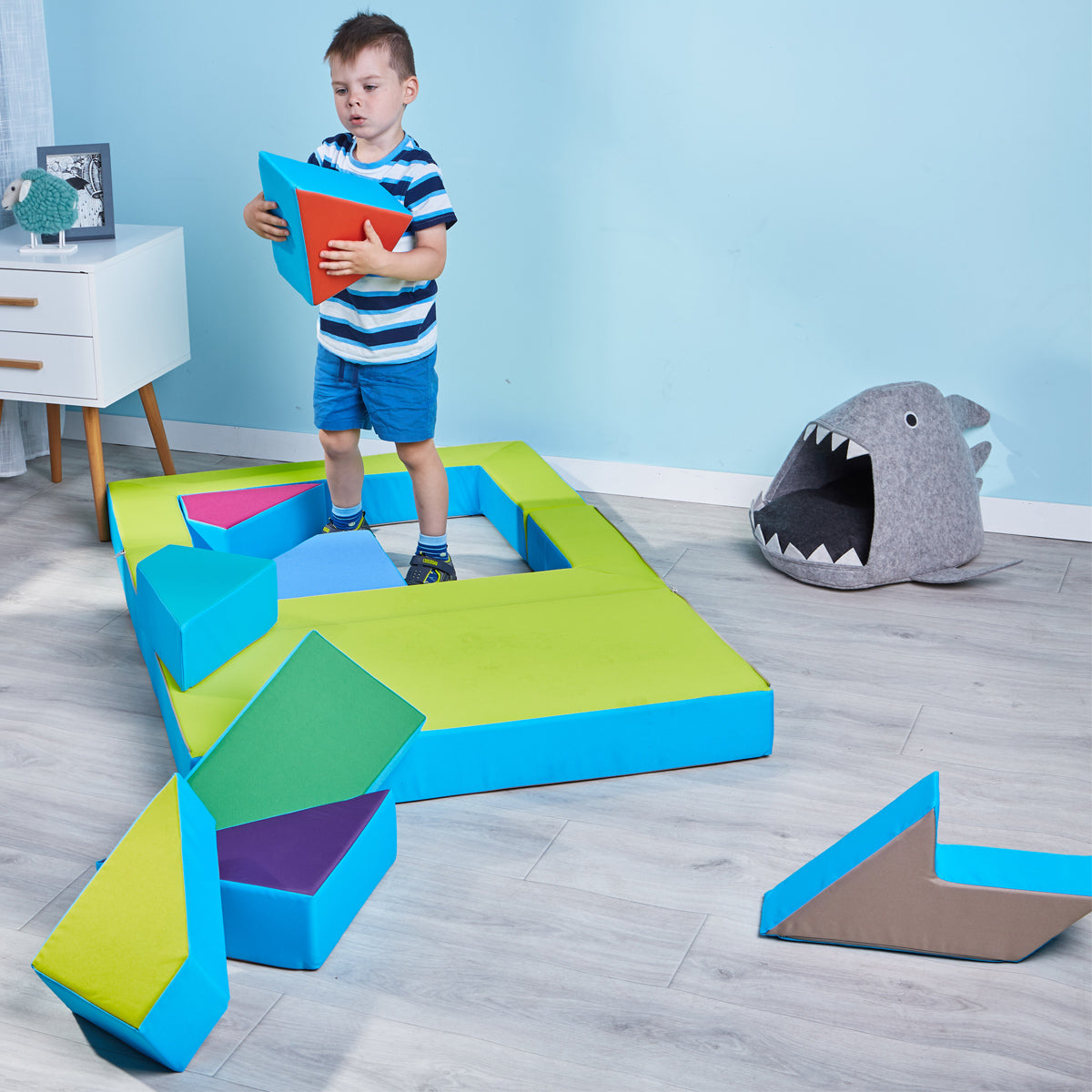 LEANBE Kindersofa 4-in-1 – Multifunktionales Puzzle Spielsofa für kreatives Spielen - Blau&Gelb