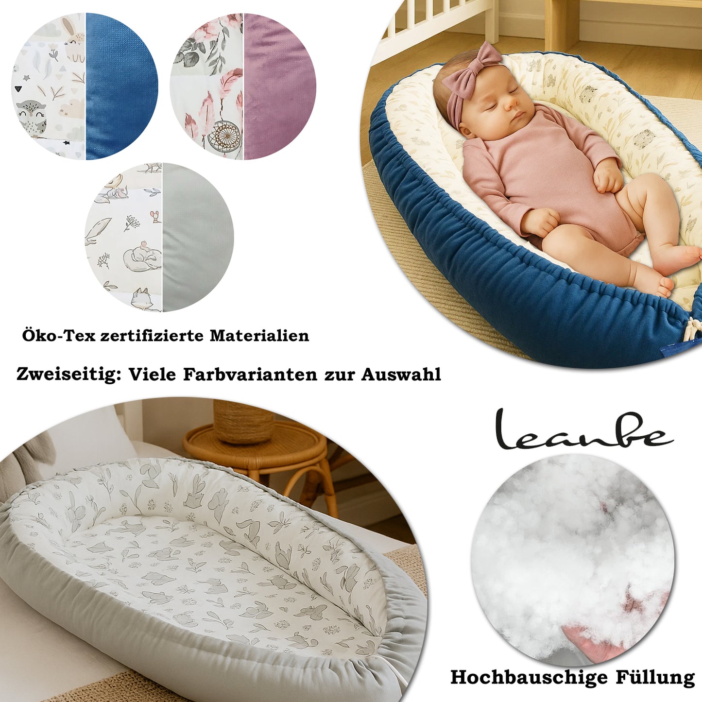 Babynest Kokon aus Baumwolle & Velours - Blau