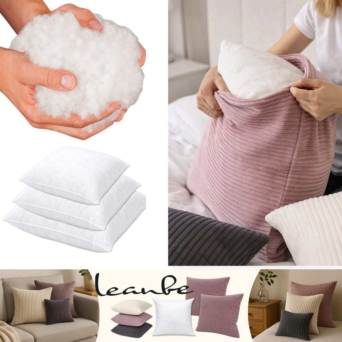 LEANBE Cord Dekokissen – Weiches Kissen mit strukturierter Oberfläche Set 4 Stck. - Beige