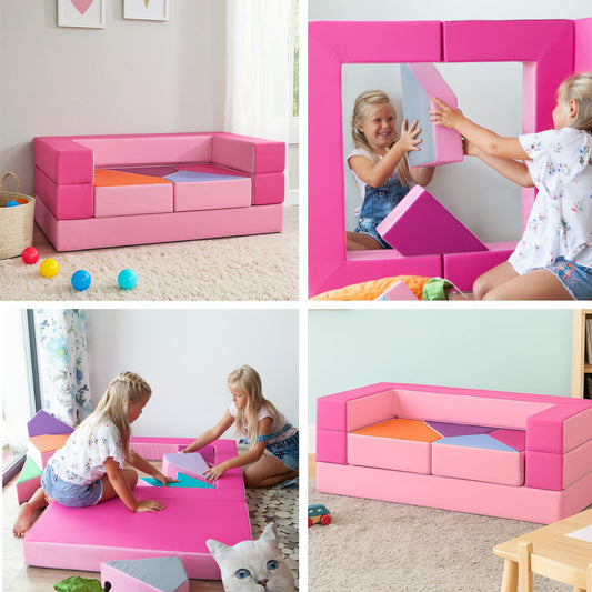 LEANBE Kindersofa 4-in-1 – Multifunktionales Puzzle Spielsofa für kreatives Spielen - Rosa&Pink