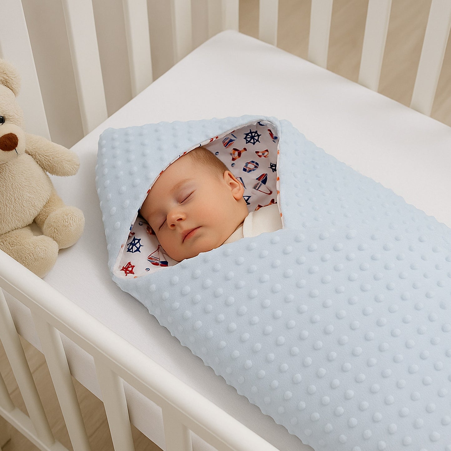 LEANBE Einschlagdecke Babydecke für Babyschale und Kinderwagen 86x86 cm – Baumwolle & Minky Blau /Segelboote