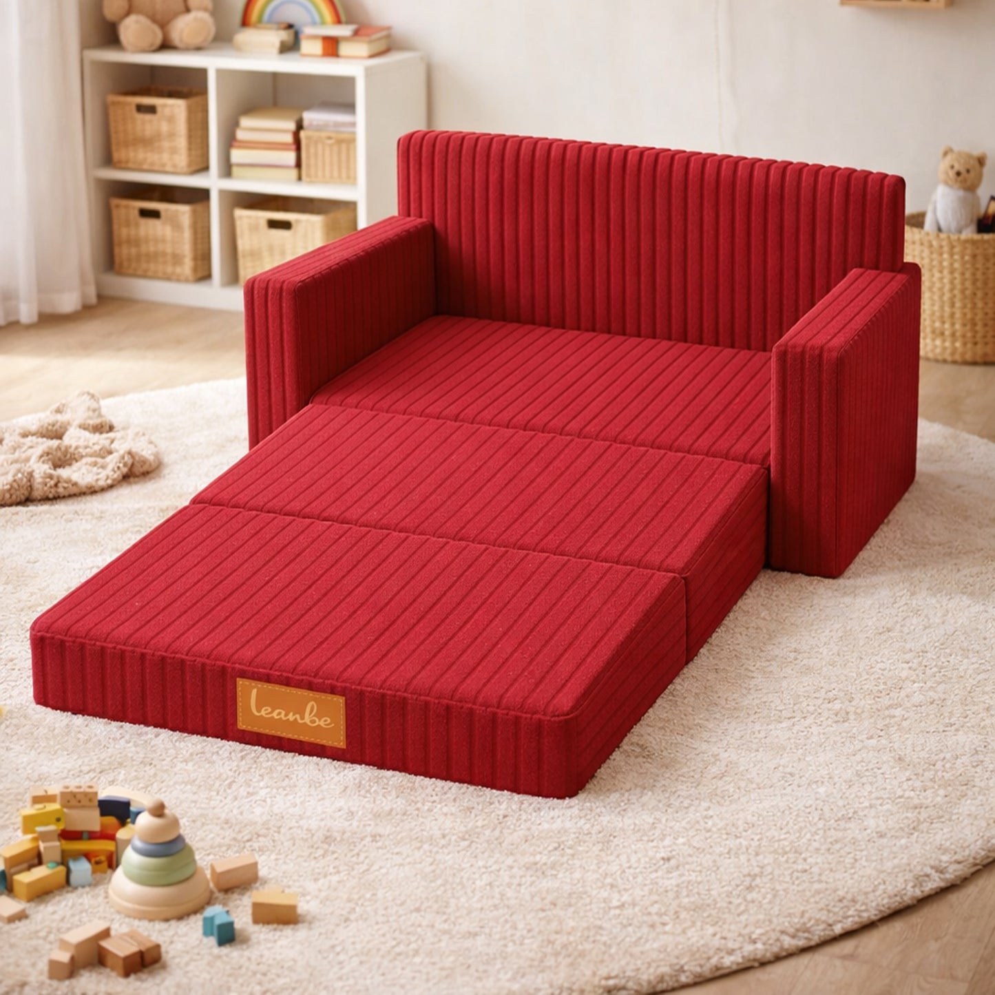 LEANBE Personalisierbares Kindersofa 3-in-1 Spiel- und Schlafsofa mit individuellem Namen - Rot Cord