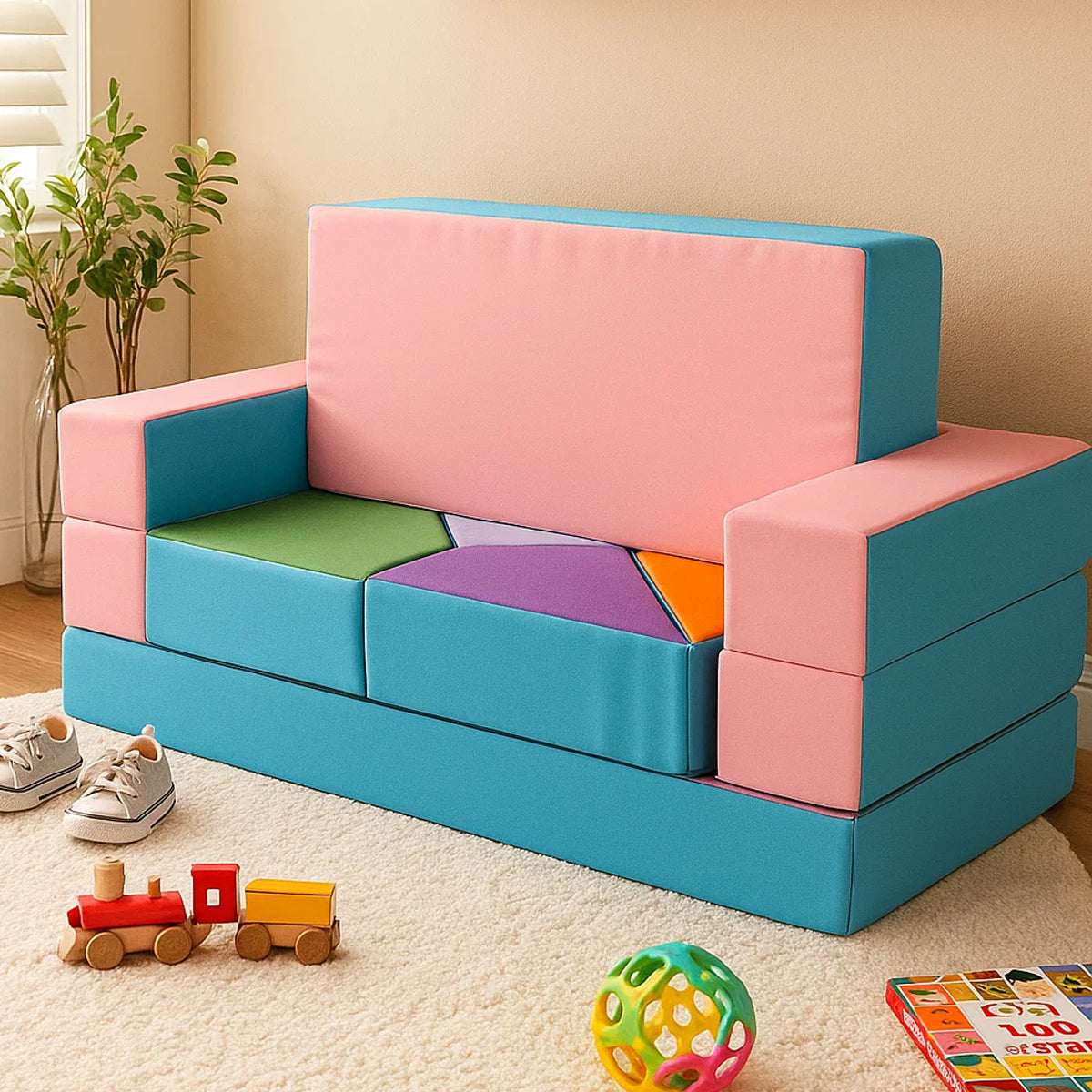LEANBE Kindersofa 4-in-1 – Multifunktionales Puzzle Spielsofa für kreatives Spielen - Rosa&Blau