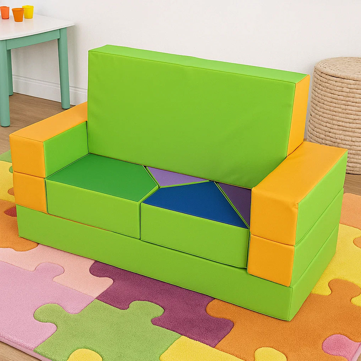 LEANBE Kindersofa 4-in-1 – Multifunktionales Puzzle Spielsofa für kreatives Spielen - Orange&Grün