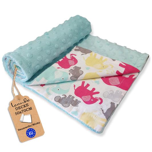 Babydecke 50x70cm doppelseitig Minky/Baumwolle Türkis Minky-Elefanten