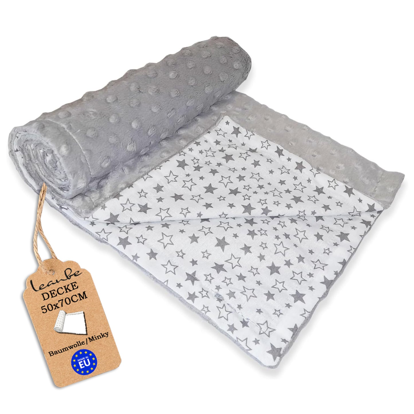 Babydecke 50x70cm doppelseitig Minky/Baumwolle Grau Minky-Sterne