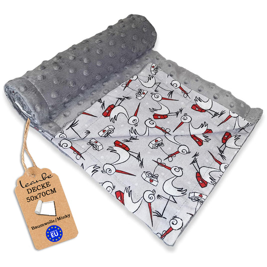 Babydecke 50x70cm doppelseitig Minky/Baumwolle Grau Minky-Störche