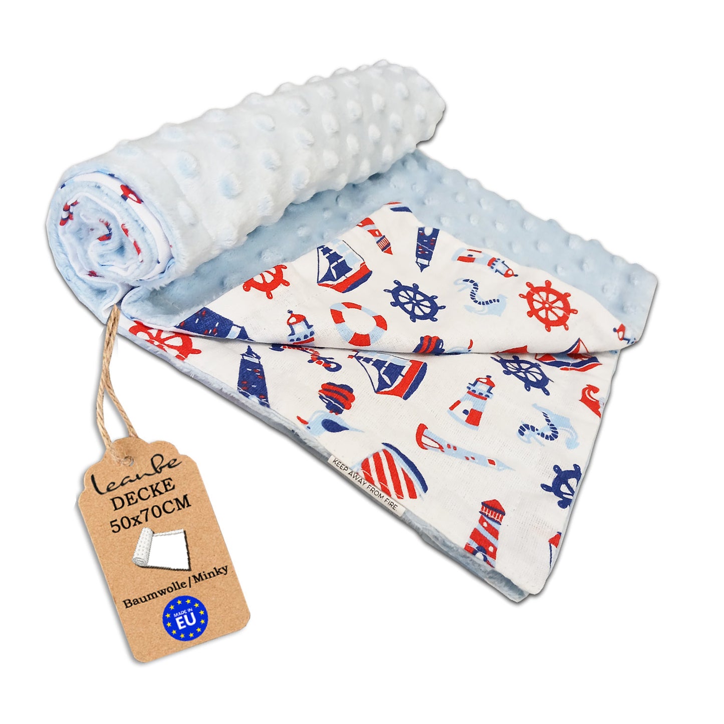 LEANBE Babydecke 50x70cm doppelseitig Minky/Baumwolle Blau Minky-Segelboote
