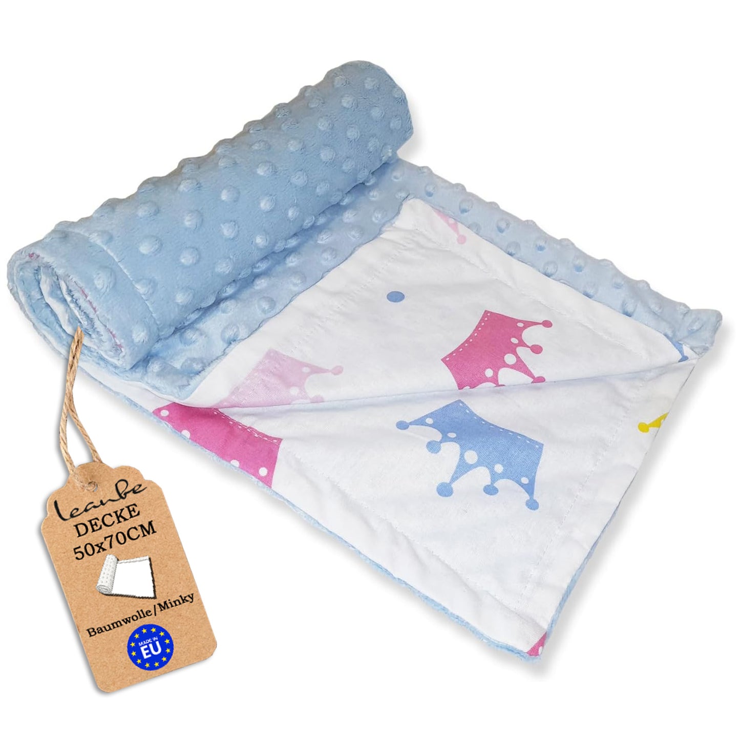 Babydecke 50x70cm doppelseitig Minky/Baumwolle  Blau Minky-Kronen