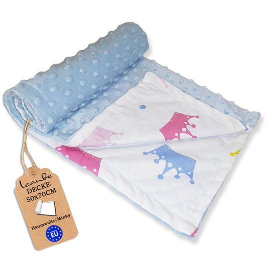 Babydecke 50x70cm doppelseitig Minky/Baumwolle  Blau Minky-Kronen