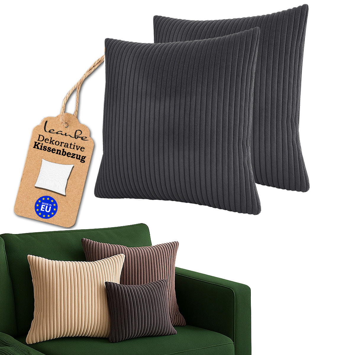 LEANBE Cord Kissenhüllen Set (2 Stück) – Weiche Dekokissenbezüge mit Struktur: Grau