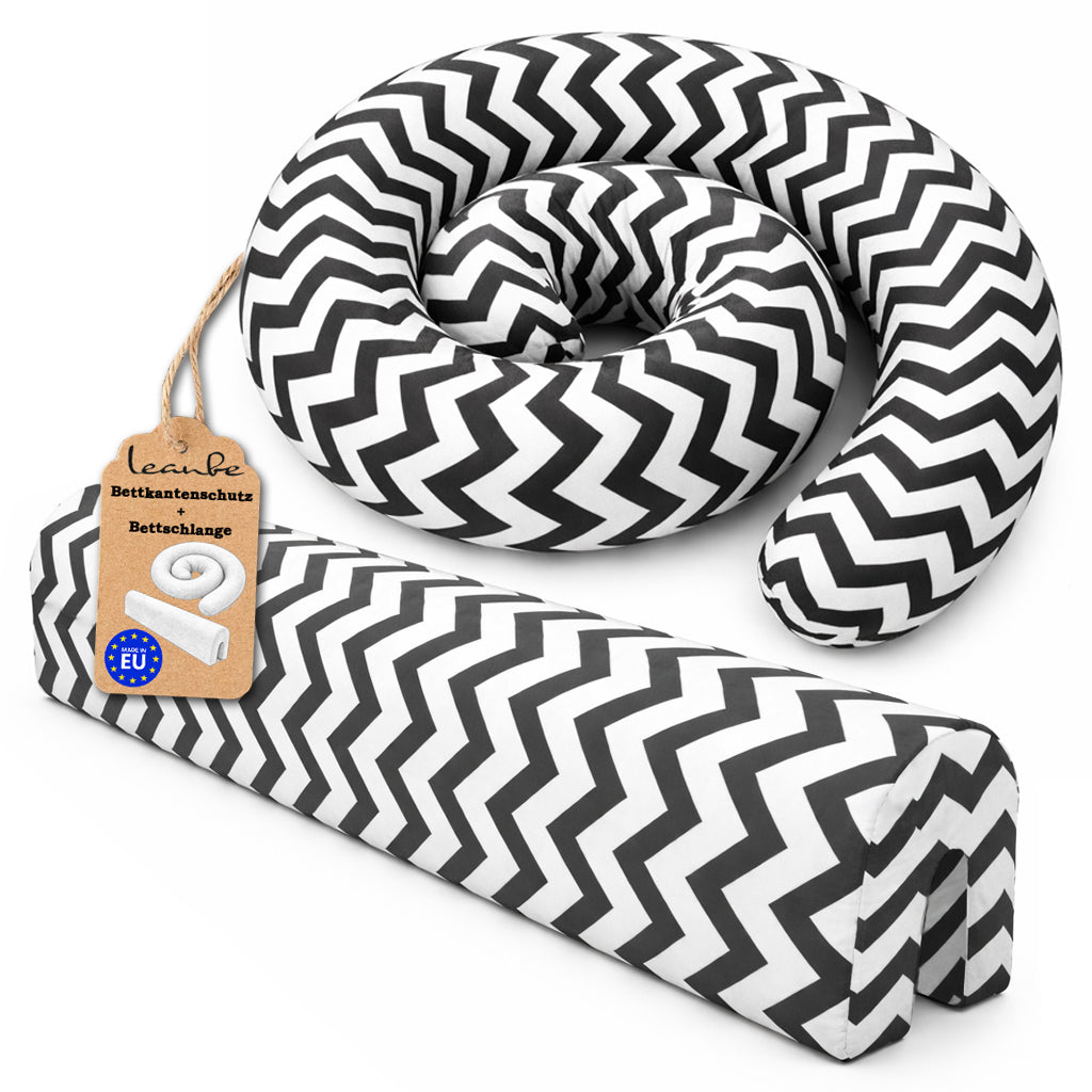 LEANBE Bettkantenschutz 70x20x14 cm + Bettschlange 150x15 cm – Schwarz-Weiß Chevron