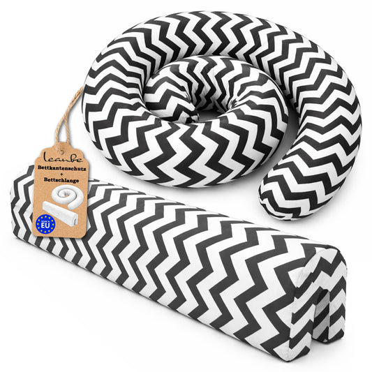 LEANBE Bettkantenschutz 70x20x14 cm + Bettschlange 150x15 cm – Schwarz-Weiß Chevron