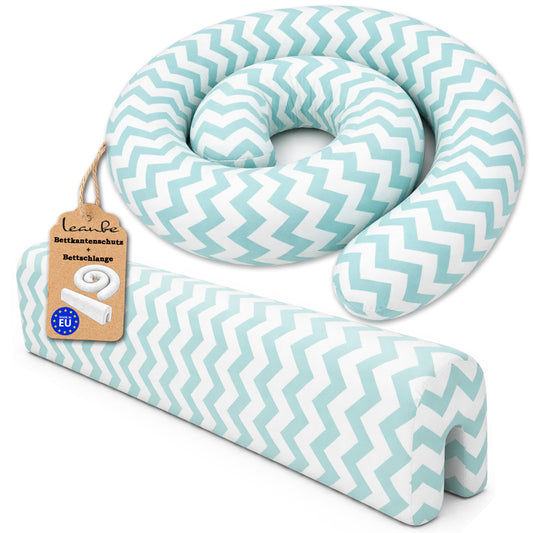 LEANBE Bettkantenschutz 70x20x14 cm + Bettschlange 150x15 cm – Türkis-Weiß Chevron