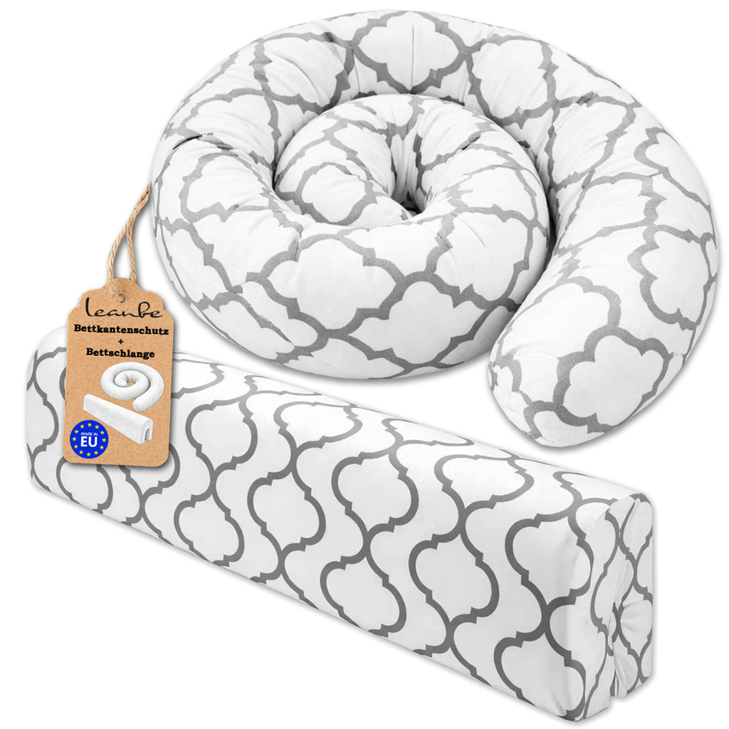 LEANBE Bettkantenschutz 70x20x14 cm + Bettschlange 150x15 cm – Graues Ornament