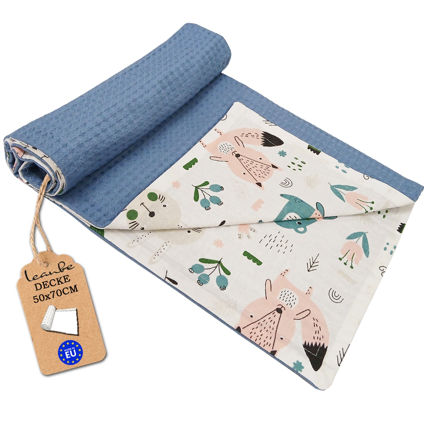 Babydecke 50x70cm doppelseitig Baumwolle/Waffelstoff Blau