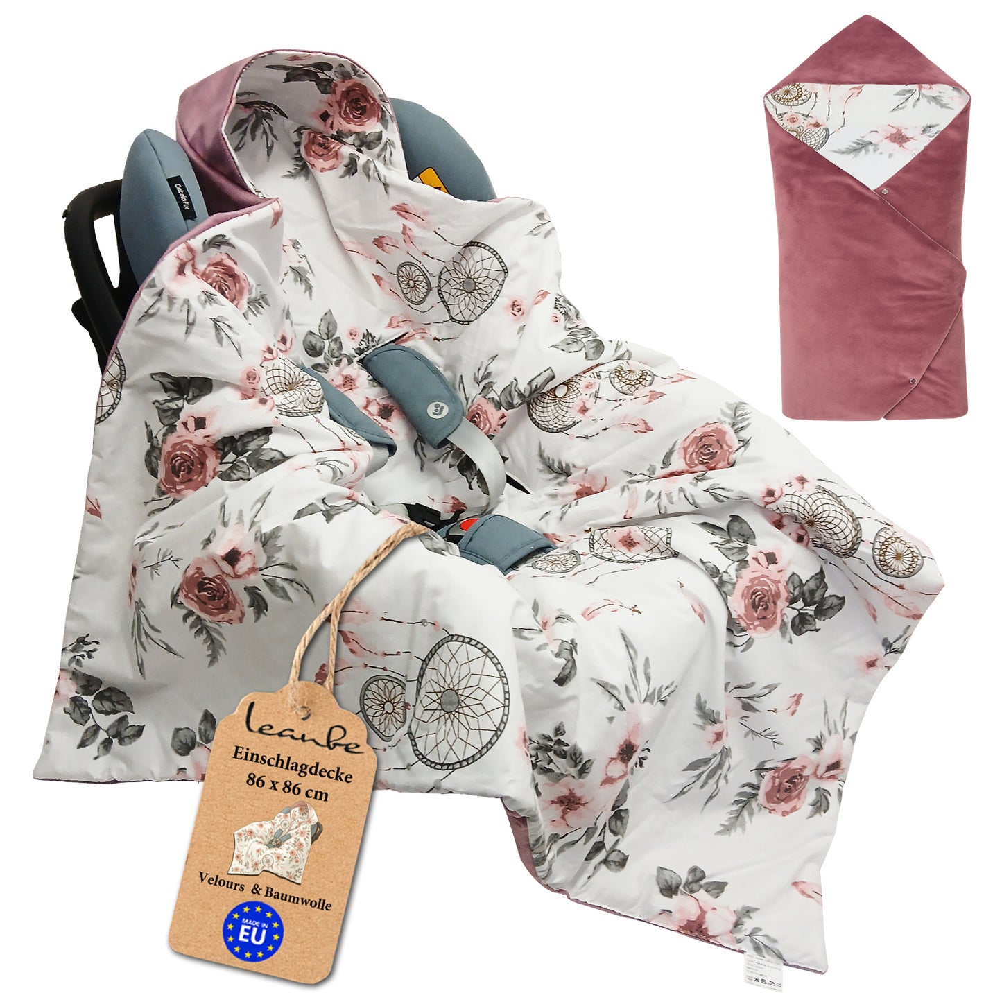 Einschlagdecke Babydecke 86x86 cm – Baumwolle & Velours Rosa