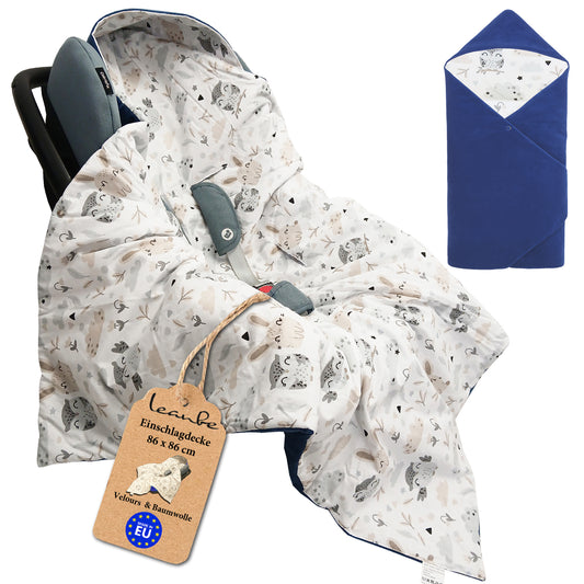 Einschlagdecke Babydecke 86x86 cm – Baumwolle & Velours Blau