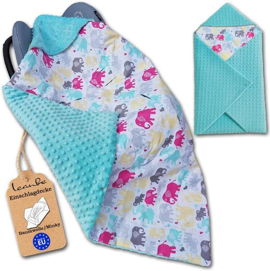 Einschlagdecke Babydecke 86x86 cm – Baumwolle & Minky Tükis / Elefanten