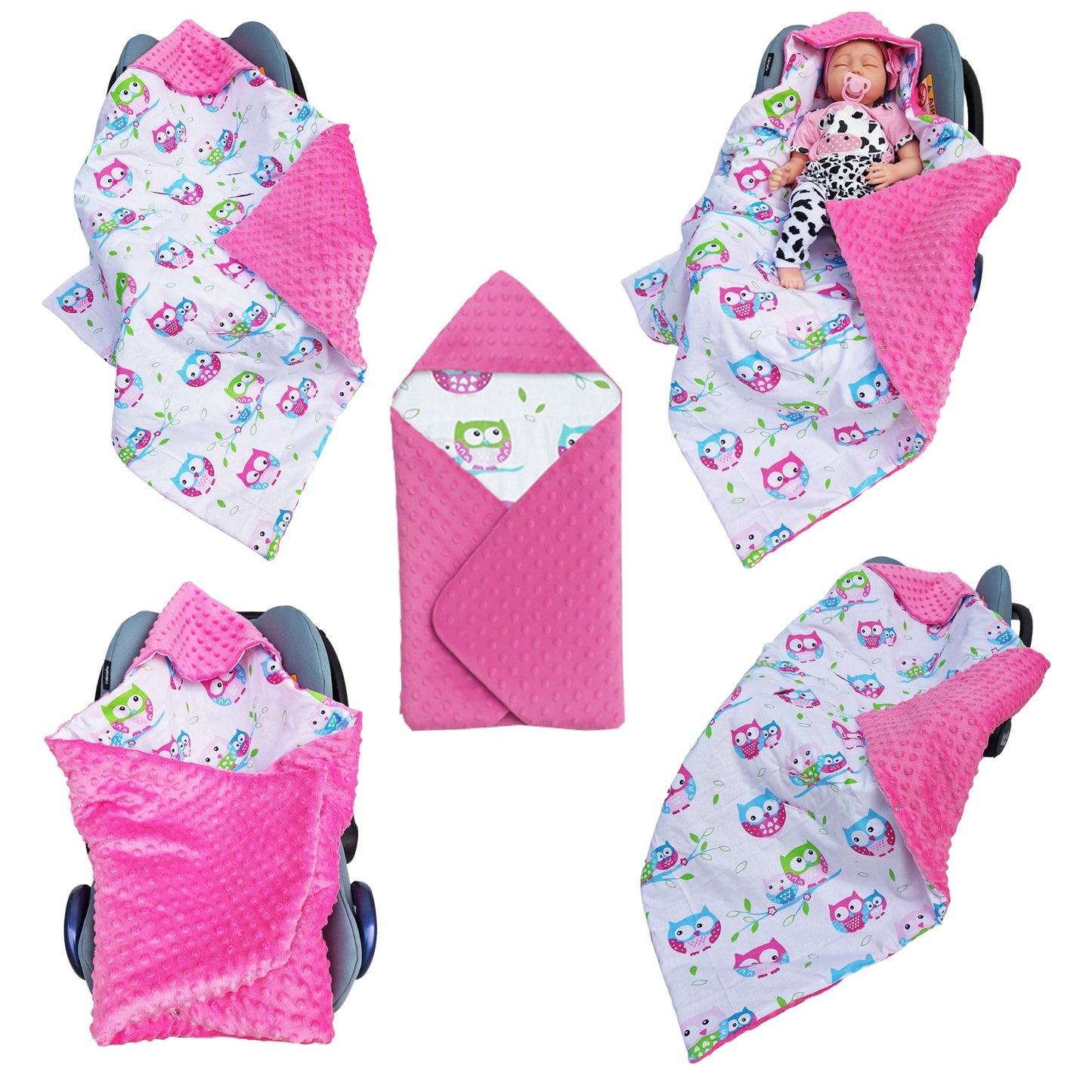 Einschlagdecke Babydecke 86x86 cm – Baumwolle & Minky Rosa /Eulen