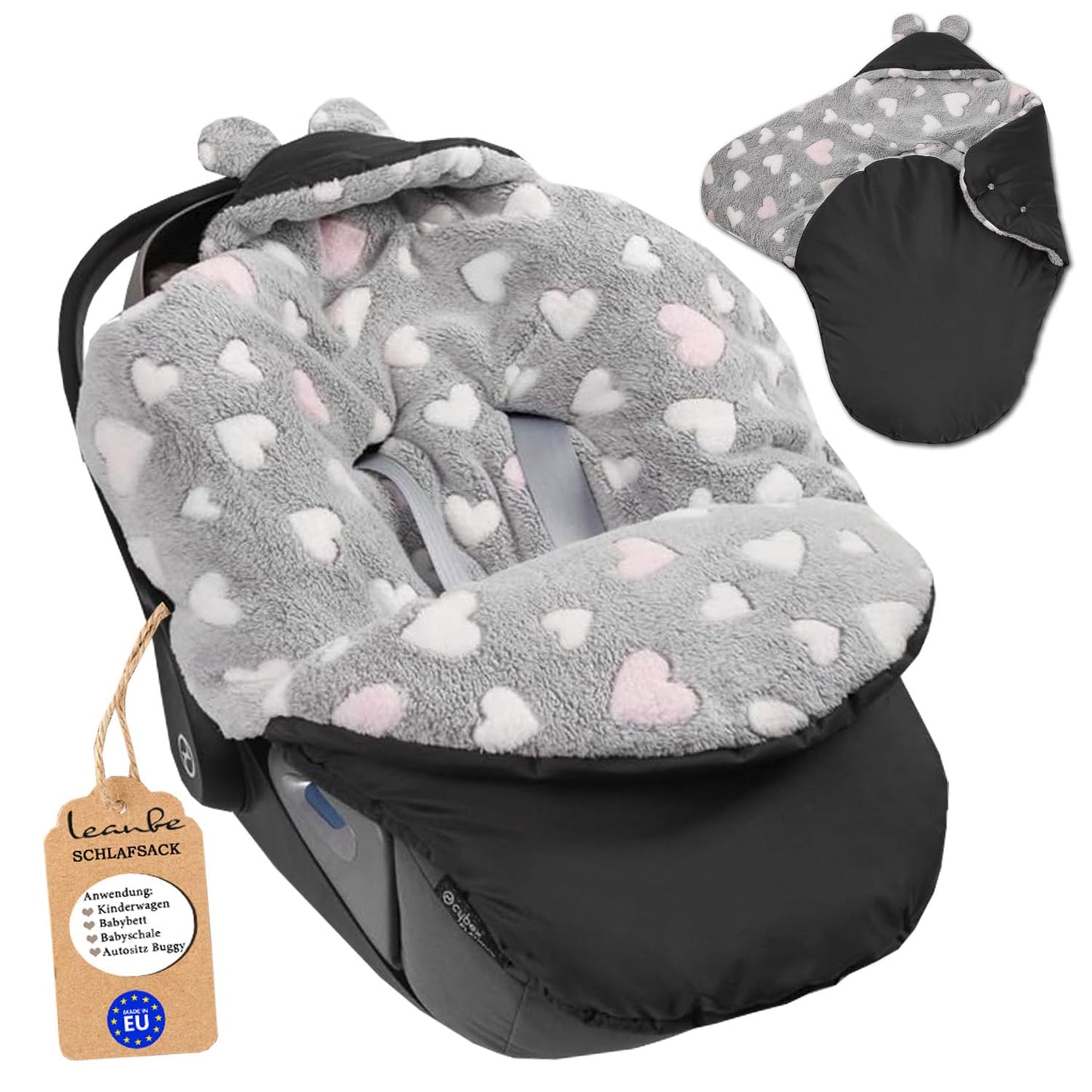 Baby Einschlagdecke für Winter - Schwarz mit rosa Herzen