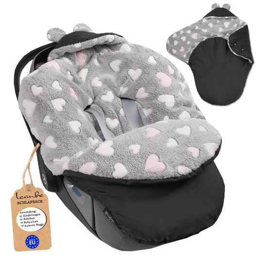 Baby Einschlagdecke für Winter - Schwarz mit rosa Herzen