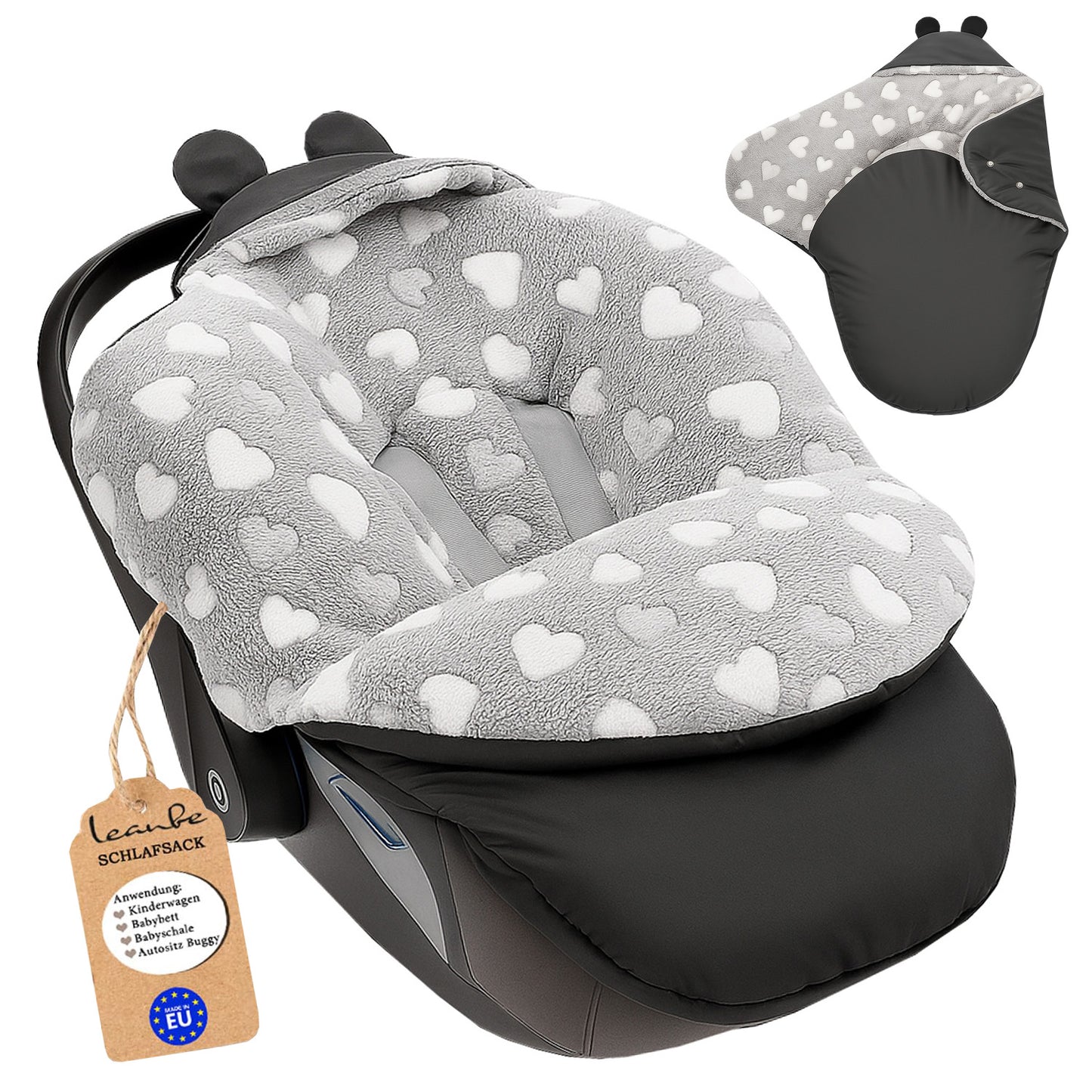 Baby Einschlagdecke für Winter - Schwarz mit Weißen Herzen