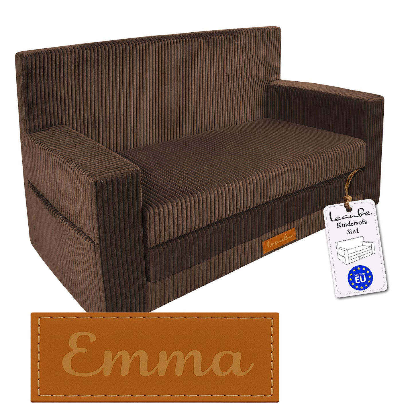LEANBE Personalisierbares Kindersofa 3-in-1  Spiel- und Schlafsofa mit individuellem Namen - Braun Cord