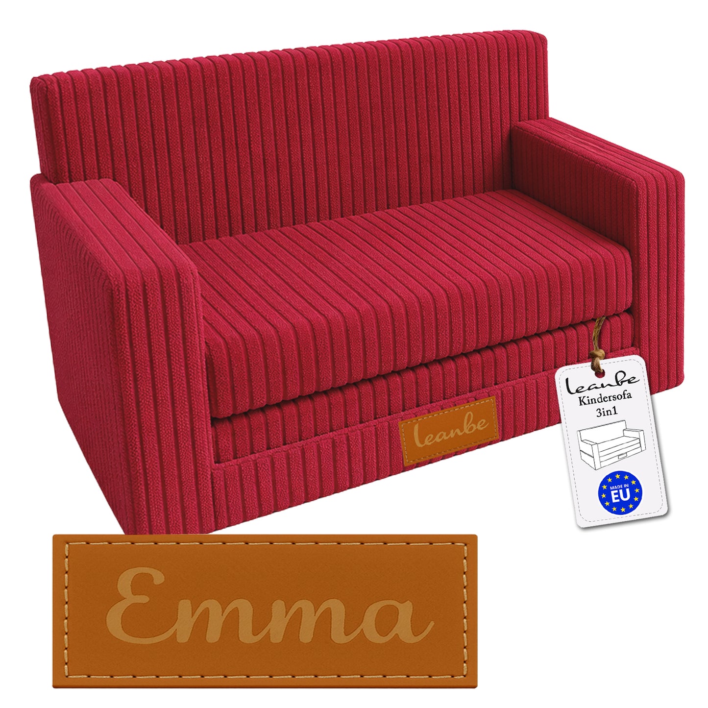 LEANBE Personalisierbares Kindersofa 3-in-1  Spiel- und Schlafsofa mit individuellem Namen - Rot Cord