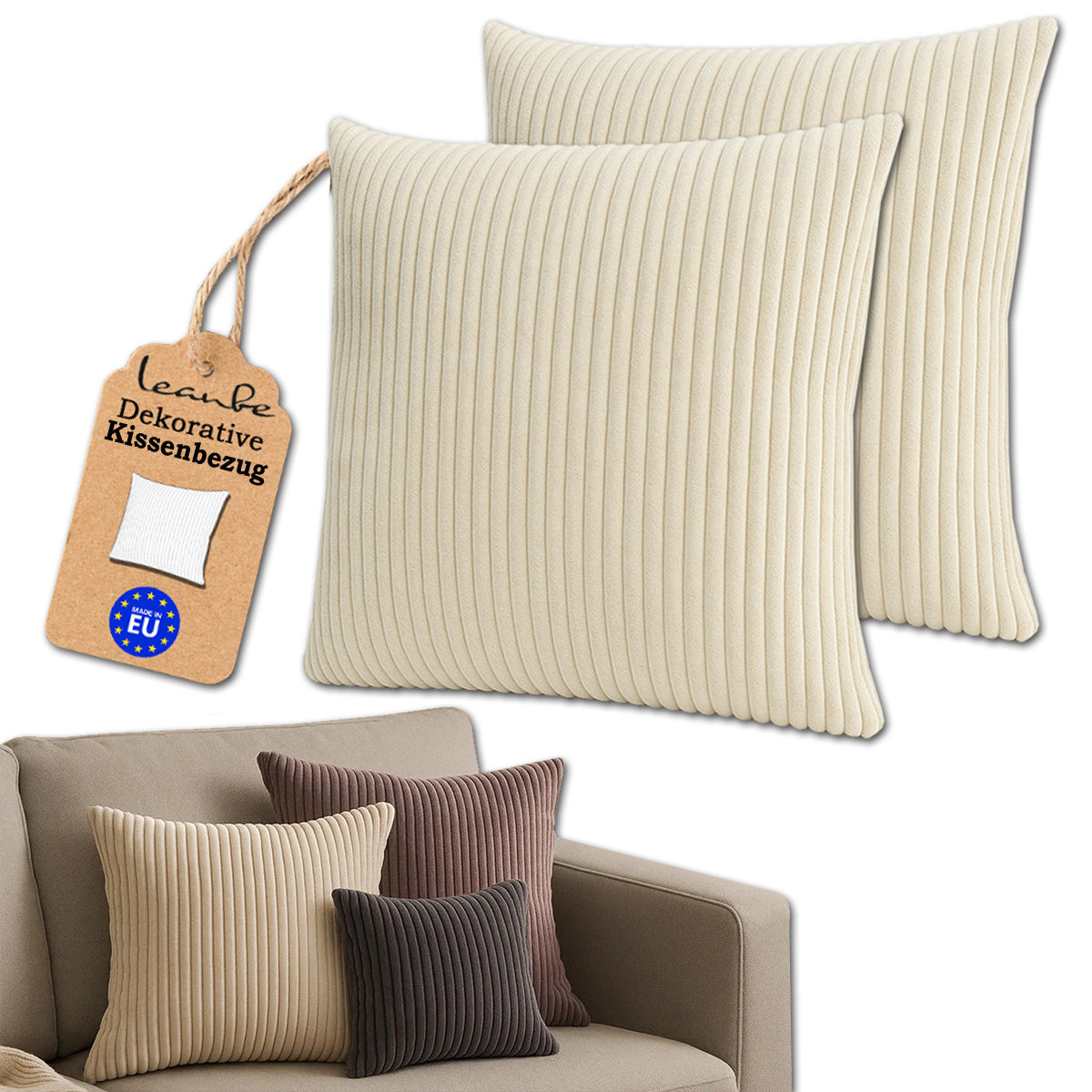 Cord Kissenhülle Set 2 Stck. für Dekokissen Beige