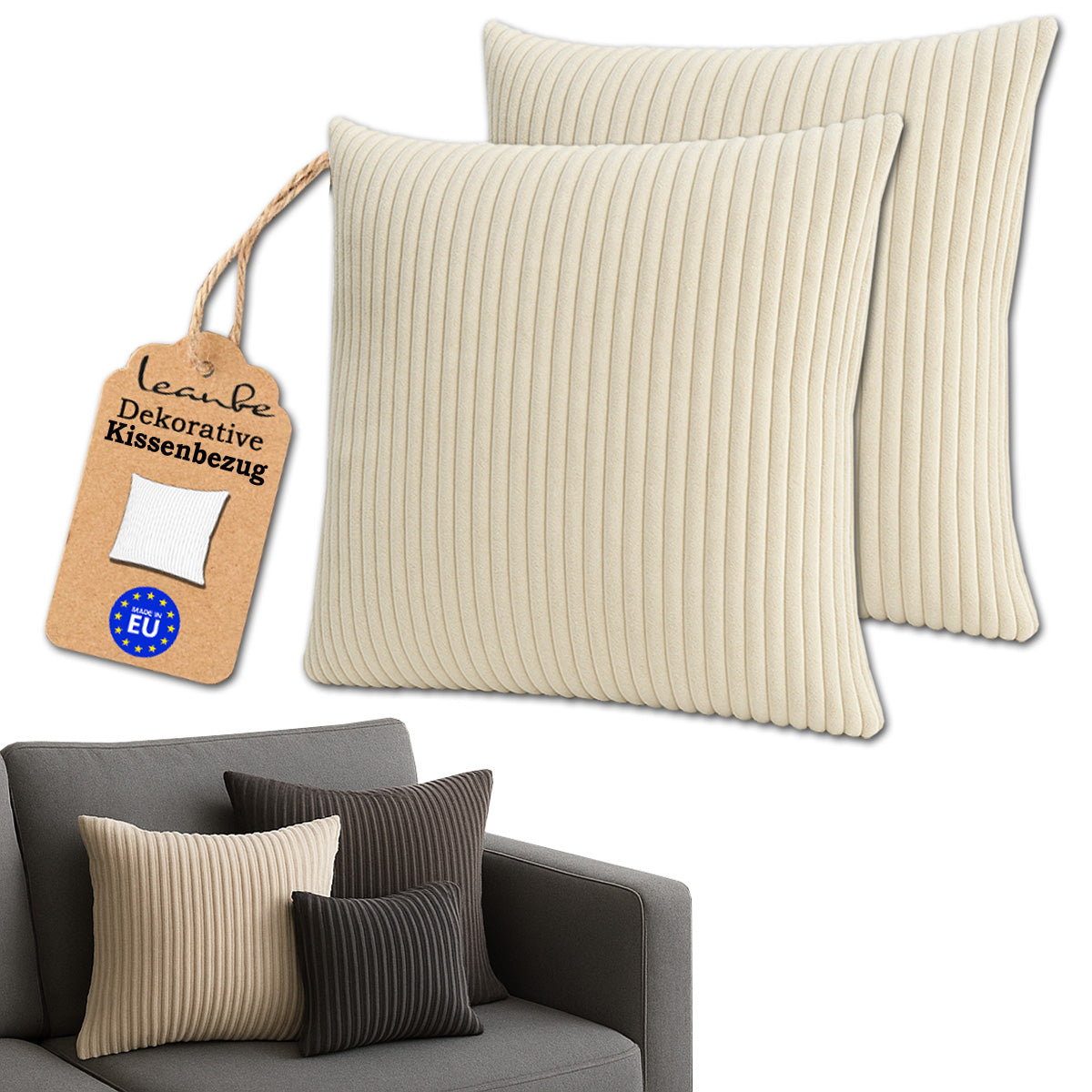 Cord Kissenhülle Set 2 Stck. für Dekokissen Beige