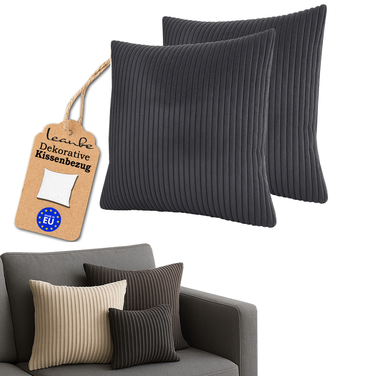 LEANBE Cord Kissenhüllen Set (2 Stück) – Weiche Dekokissenbezüge mit Struktur: Grau